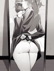 ass blue_archive blush cellphone clothes_lift condom condom_wrapper cowboy_shot female from_behind greyscale heavy_breathing highres holding holding_condom hoyhoy_colo indoors jacket lifting_own_clothes long_hair long_sleeves looking_at_viewer mirror monochrome panties phone school_uniform selfie skirt skirt_lift smartphone solo thighs thong underwear yuuka_(blue_archive)