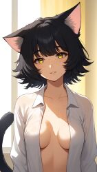 ai_generated bankonit black_hair cat_ears catgirl cleavage medium_breasts messy_hair open_shirt original_character short_hair smile stable_diffusion yellow_eyes