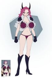 beast_pirates beast_pirates_uniform big_breasts black_boots black_gloves boots ginrummy gloves heel_boots horn horns knee_boots large_breasts leather_boots magenta_hair one_piece panties partially_clothed partially_nude partially_nude_female revealing solo_female solo_focus thong