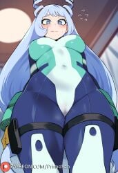 ai_generated blue_eyes blue_hair bodysuit boku_no_hero_academia drill_hair from_below hadou_nejire long_hair medium_breasts my_hero_academia nejire_hado primosan pussy_juice standing very_long_hair