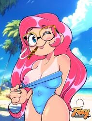 ariel ariel_(the_little_mermaid) beach breasts cigarette cigarette_in_mouth cigarette_smoke disney disney_princess flashing flashing_breasts foxnbox glasses nipples one-piece_swimsuit pulling_swimsuit swimsuit swimsuit_aside swimsuit_pull swimwear tan_line tanline tanlines the_little_mermaid