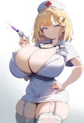 ai_generated ameanon blonde_hair blue_eyes breasts breasts_bigger_than_head cleavage hololive hololive_english hololive_myth huge_breasts large_breasts nurse nurse_cap nurse_uniform skindentation syringe tagme thick_thighs virtual_youtuber vtuber watson_amelia white_thighhighs