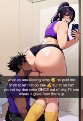 ai_generated asian asian_female asian_milf bathroom black_male black_panties black_short_shorts black_shorts civitai daballsman dark-skinned_male english_text femdom findom glasses gym_shorts hotpants kim_(daballsman) kissing_ass kneeling milf mommy nerdy_female nerdy_milf nerdy_mom panties ponytail ponytail_female purple_bra selfie short_shorts shorts simp snapchat text younger_male