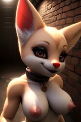 aggressive_retsuko aggretsuko ai_generated areolae big_breasts black_lips breasts brown_eyes canid canine collar creepy eyelashes fenneko front_view frosting.ai furry furry_female hi_res high_resolution huge_breasts looking_at_viewer mascara nipples nude nude_female pink_areola pink_nipples pov red_nose sanrio smile synthneon