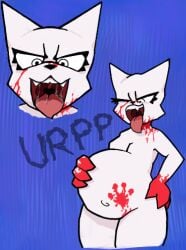 anthro anthro_only blood blood_on_face blood_on_hand bodily_fluids burping felid feline female femtanyl hi_res mammal mouth_shot music_(culture) no_clothing noviphix onomatopoeia open_mouth saliva solo sound_effects text token_(femtanyl) vore