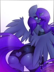 1girls 2016 absurd_res anthro anthrofied ass clothed clothing cutie_mark equid equine feathered_wings feathers female female_only friendship_is_magic fur furry hair hasbro horn legwear long_hair looking_at_viewer looking_back looking_back_at_viewer mammal my_little_pony princess_luna_(mlp) rear_view smile smiling smiling_at_viewer solo teranen thigh_highs wings