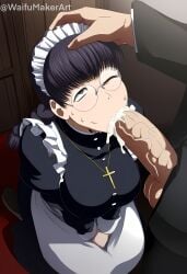 1boy 1boy1girl 1girls ai_generated assisted_fellatio black_lagoon blowjob cleavage cock cum cum_drip cum_in_mouth cum_inside fellatio female glasses hand_on_head hi_res high_resolution highres huge_cock kneeling looking_up maid male male/female oral oral_sex penis roberta short_shorts testicles veiny_penis waifumakerart