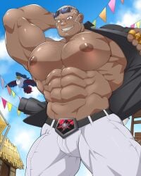 1boy abs arm_hair bald bara big_muscles big_nipples big_pecs bulge chest_hair clothing daddy dilf erect_nipples facial_markings gay huge_muscles huge_nipples huge_pecs human hunk maldu male male_only markings muscular muscular_human muscular_male nipples pants pecs pokemon pokemon_masters sawyer_(pokemon_masters) solo stripping sunglasses sunglasses_on_head taking_clothes_off topless topless_male undressing