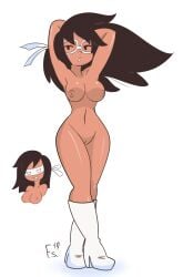 1girls 2019 arms_up artist_signature black_hair boots brown_hair dark-skinned_female dark_skin eye_mask female female_focus female_only fernal-scarlet fondly_scarlet functionally_nude functionally_nude_female hourglass_figure large_breasts long_hair mocha_(fernal-scarlet) naked_footwear navel nipples original pinup public_nudity pussy solo solo_female solo_focus vagina