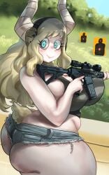 1girls ass big_ass big_breasts blonde_hair blue_eyes breasts bubble_butt busty clothing dat_ass ear_protection fat_ass female female_only gun gun_range horns huge_ass huge_breasts large_ass large_breasts light-skinned_female light_skin looking_at_viewer looking_back my_hero_academia noblood png rifle ryandomonica shorts slightly_chubby slightly_chubby_female solo tail target thick_ass thick_thighs thunder_thighs tsunotori_pony weapon wide_hips