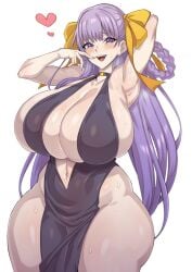 1girls aba_rano bb_(fate) bb_dubai_(fate) belly_button braid braided_hair center_opening dress fate/grand_order fate_(series) female female_only heart large_breasts purple_eyes purple_hair ribbon ribbons smile sweat sweatdrop sweating tagme yellow_ribbon