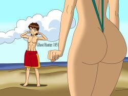 1boy 1girls androgynous ass ass_focus beach ben_10 ben_10_(classic) ben_tennyson ben_tennyson_(classic) brown_hair bubble_ass bubble_butt cartoon_network close-up female feminine_male flexing flexing_bicep ghosthunter1851(artist) gwen_tennyson gwen_tennyson_(classic) huge_ass male out_of_frame shorts sling_bikini thick thick_ass thick_legs thick_thighs warner_brothers