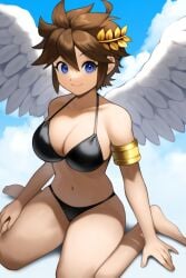 1girls ai_generated angel angel_wings bikini black_bikini blue_eyes brown_hair genderswap_(mtf) gold_armlet kid_icarus large_breasts nintendo pit_(kid_icarus) rule_63 spiked_hair