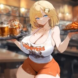 ai_generated ameanon big_breasts blonde_hair blue_eyes breasts cleavage hololive hololive_english hololive_myth hooters hooters_uniform huge_breasts large_breasts mommy orange_shorts sideboob smile sweat tagme tank_top thick_thighs virtual_youtuber vtuber waitress watson_amelia