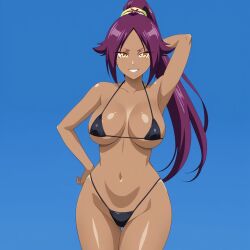 ai_generated bikini black_panties bleach dark-skinned_female dark_skin female female_only nai_diffusion ponytail presenting purple_hair shihouin_yoruichi slippyai solo stable_diffusion swimsuit tagme yellow_eyes