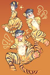 ! 2016 ? animal_humanoid balls black_hair blush feline fur hair humanoid lizardbat_(artist) male male_only mammal matsuno_karamatsu multiple_poses nipples nude open_mouth orange_fur osomatsu-kun osomatsu-san pawpads paws penis pose simple_background smile solo stripes tiger