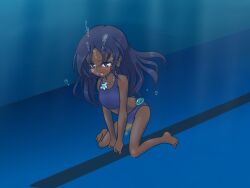 breathing_underwater dark-skinned_female feet mi'ara mudada_muda_(artist) omorashi original pee_cloud peeing peeing_self peeing_underwater stopwatch swimming_pool swimming_trunks swimsuit swimwear underwater underwater_breathing urine urine_cloud urine_mist urine_stream