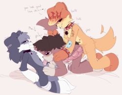 3boys anal anal_insertion anal_sex anal_sex canine critters_(poppy_playtime) dark_red_body dark_red_fur dark_red_skin dialog dialogue domestic_dog furry_only gay gay_sex grey_body grey_fur grey_skin no_humans oc ocs oral oral_sex orange_fur orange_skin poppy_playtime poppy_playtime_(chapter_3) sex sex_on_bed simple_background simple_shading smiling_critters trio trio_focus trio_male white_background