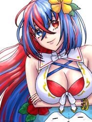 1girls alear_(female)_(fire_emblem) alear_(female)_(seaside_dragon)_(fire_emblem) alear_(fire_emblem) alternate_costume alternate_hairstyle arms_under_breasts ball bare_shoulders beachball bikini blue_eyes blue_hair breasts character_ball cleavage crossed_arms crossed_bangs female female_only fire_emblem fire_emblem_engage fire_emblem_heroes flower hair_between_eyes hair_flower hair_ornament heterochromia large_breasts long_hair looking_at_viewer multicolored_hair nintendo official_alternate_costume official_alternate_hairstyle ponytail red_bikini red_eyes red_hair red_swimsuit sera31066 smile sommie_(fire_emblem) swimsuit twitter_username two-tone_hair upper_body very_long_hair white_background white_bikini white_swimsuit