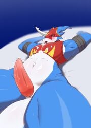 2024 after_orgasm animal_genitalia anthro bandai_namco bed biped blue_background blue_body blue_horn blue_skin blush blush_lines bodily_fluids bottomless bottomless_anthro bottomless_male cheek_spikes clothed clothing colored crop_top cum cum_on_belly cum_on_body cum_on_chest cum_on_self digimon digimon_(species) digital_media_(artwork) drahati7 erection facial_spikes flamedramon foreshortening front_view furniture genital_fluids genital_slit genitals glistening glistening_body glistening_skin hi_res horn kemono leaking_precum lying male male_anthro mask monotone_tail multicolored_body multicolored_skin muscular muscular_anthro muscular_male navel on_back on_bed open_mouth pecs penis perspective pink_penis pink_tongue portrait precum red_clothing red_crop_top red_eyes red_shirt red_topwear scalie shaded shirt simple_background snout solo solo_male spikes spikes_(anatomy) tail tapering_penis thick_thighs three-quarter_portrait tight_clothing tight_shirt tight_topwear tongue topwear two_tone_body two_tone_skin white_body white_horn white_skin white_tail