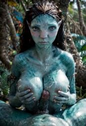 ai_generated alien alien_girl avatar avatar:_the_way_of_water blue_body blue_skin blush female grabbing_breasts huge_breasts looking_at_viewer male_pov na'vi paizuri thanosdonginspector titjob tsireya