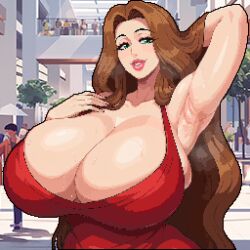 ai_assisted ai_generated armpit_fetish armpits arms_up arvus_games big_breasts blue_eyes breasts brown_hair dress female game_cg huge_breasts pixel_art steam tagme