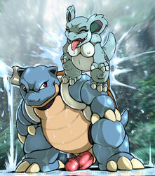 2016 blastoise closed_eyes dark_nek0gami female male nidorina nintendo penis pokemon saliva size_difference tongue tongue_out video_games water water_jacking wet