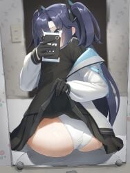 ass black_gloves black_skirt blue_archive blue_eyes blush breasts cellphone clothes_lift female gloves halo hoyhoy_colo indoors jacket lifting_own_clothes long_hair long_sleeves mirror necktie open_clothes panties phone pleated_skirt purple_hair reflection school_uniform selfie sitting skirt skirt_lift smartphone solo two_side_up underwear white_panties yuuka_(blue_archive)