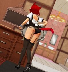 ass_focus blaasz cat_tail high_heels maid_uniform panties rebel_(vtuber) rebel_vr red_hair stockings tail that_one_bondage_dude vrchat_avatar