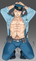 1boy abs arms_up bara bare_pectorals blush breath bulge cuffs erection erection_under_clothes handcuffs hat hatomugishota highres kneeling large_pectorals male_focus male_only male_pubic_hair muscular muscular_male navel navel_hair nipples open_clothes open_shirt original pectorals penis penis_peek police police_hat police_uniform policeman precum precum_through_clothes pubic_hair short_hair solo sparse_navel_hair stomach thick_eyebrows uncensored uniform