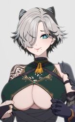 1girls alternate_version_at_source big_breasts black_hair blue_eyes breast_window breasts dayyo_(daydarion/day-chan) ear_piercing earrings gray_hair grey_hair hair_cones hair_covering_eye hair_over_one_eye heart-shaped_pupils hi_res highres kunai_nakasato mole mole_under_mouth nijisanji nijisanji_en one_eye_covered one_eye_obstructed short_hair shoulder_armor shoulder_plate smiling solo solo_female solo_focus tattoo tattoo_on_shoulder tattoos tempting two_tone_hair virtual_youtuber white_background