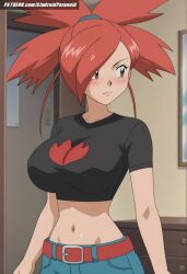 ai_generated aindroidparanoid asuna_(pokemon) bedroom belt big_breasts breasts curvy denim flannery_(pokemon) gym_leader huge_breasts indoors jeans large_breasts midriff narrow_waist navel pokemon pokemon_trainer ponytail red_hair shirt slim_waist spiky_hair stable_diffusion tight_clothing tight_fit