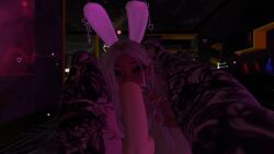 1boy 1boy1girl 1girls bedroom blowjob brown_skin bunny_girl deepthroat late_night naked purple_light sex spoopyb0i sucking_penis vibe vrcfemboy vrchat vrchat_avatar white_skin