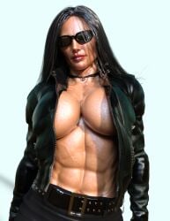 1girls 2019 3d abs black_hair black_jacket female female_only front_view huge_breasts jacket jonasd jonasd-3dart lip_ring muscular muscular_female no_bra nose_ring open_jacket open_shirt peace_symbol_necklace solo solo_female standing sunglasses sweat tinted_eyewear veiny veiny_muscles