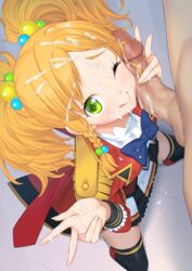 ;d aikatsu_stars! bangs black_legwear blonde_hair blush boots braid censored cum cum_on_body cum_on_clothes cum_on_hair cum_on_upper_body double_v epaulettes facial female from_above green_eyes hair_bobbles hair_ornament handjob highres kneeling long_hair looking_at_viewer looking_up mosaic_censoring nikaidou_yuzu one_eye_closed open_mouth penis penis_on_face side_braid single_braid skirt smile solo_focus straight suzume_inui thighhighs tied_hair tongue tongue_out twintails uniform v