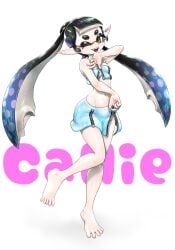 1girls alternate_costume barefoot breasts callie_(splatoon) callie_(summer_nights) koharuno2 long_hair official_alternate_costume pointy_ears solo solo_female solo_focus splatfest splatoon splatoon_(series) splatoon_3 summer_nights_splatfest tentacle tentacle_hair unzipped unzipped_skirt