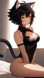 ai_generated bankonit black_hair cat_ears catgirl cleavage fishnets hands_between_legs leotard medium_breasts original_character short_hair sitting stable_diffusion tail window yellow_eyes