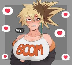 1girl 1girls angry angry_face bakugou_katsuki big_boobs big_breasts blonde blonde_hair boku_no_hero_academia clothing escriba female female_bakugou female_focus female_only gender_bender genderbend genderbender genderbent genderswap genderswap_(mtf) heart_symbol human katsuki_bakugou my_hero_academia rule_63 simple_background sole_female solo solo_female solo_focus texting