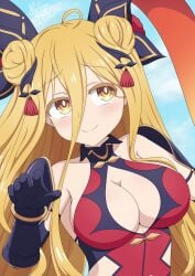 1girls 2d 2d_(artwork) big_breasts blonde_hair breasts cleavage clothed date_a_live female female_only gloves hoshimiya_mukuro light-skinned_female looking_up vampy_squid yellow_eyes