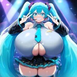 ai_generated ameanon blue_eyes blue_hair blue_nails breast_cutout center_opening detached_sleeves double_peace_sign gigantic_breasts hatsune_miku huge_breasts peace_sign short_skirt skirt sleeveless sleeveless_shirt smile thick_thighs thighhighs tight_clothing twintails underboob vocaloid