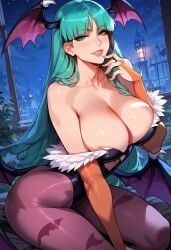 ai_generated animal_print bangs bare_shoulders bat_print bat_wings black_leotard blush breasts bridal_gauntlets cleavage clothing clothing_cutout darkstalkers demon demon_girl demon_wings female female_only full_moon green_eyes green_hair head_wings heart_cutout huge_breasts large_breasts legwear leotard lips long_hair looking_at_viewer low_wings moon morrigan_aensland night night_sky orange_gloves outdoors pantyhose parted_lips print_legwear purple_pantyhose seductive_smile shiny sitting sky smile solo succubus succubus_wings thighs window wings