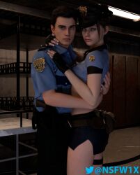 1boy 1girls 3d athletic athletic_female athletic_male blue_eyes brown_hair busty capcom claire_redfield female hourglass_figure leon_scott_kennedy long_hair male nsfw1x police police_officer police_uniform policewoman ponytail resident_evil sex short_hair tagme wide_hips