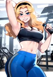 1girls ai_generated anemoi arm_up armpit blue_eyes blush bra breasts female front_view gym gym_clothes gym_uniform league_of_legends looking_at_viewer luxanna_crownguard presenting riot_games solo solo_female sweat sweating sweaty sweaty_armpit workout_clothes yoga_pants