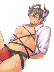 1boy bara barawa blush brown_hair bulge clenched_teeth crotch draph granblue_fantasy horns male_only restrained rope solo tagme teeth underwear