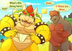 2boys ? ?_block animal_genitalia anthro bara-diction beach belly biceps big_biceps black_nose block blush bowser bracelet canine castle claws clothing cloud collar detailed_background dialogue duo english_text eyewear front_view glasses goomba hair hand_on_penis hi_res holding_object horn jewelry koopa male male_only mammal manly mario_(series) mature_male mountain multiple_boys muscular muscular_male nervous nintendo nipples notreggie_(character) nude open_mouth outdoors pecs penis pose red_eyes red_hair reptile scalie seaside shell size_difference sky smaller_male speech_bubble spiked_armlet spiked_bracelet spiked_collar spiked_shell spikes standing super_mario_bros. teeth text thong tongue turtle underwear vein veiny_penis video_games walking warp_pipe water