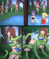 2femboys 2girls bikini blonde_hair blush brown_hair comic_page lazzysin plant_tentacle purple_hair restrained_by_tentacles swimsuit tagme tentacle tentacle_restraint