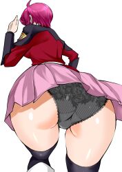 1girls ass ass_focus ass_shot big_butt black_panties black_thighhighs clothed_female female from_behind fully_clothed gundam_seed_destiny itacyou lace_panties lunamaria_hawke military_uniform miniskirt panties pink_skirt pleated_skirt purple_hair shiny_skin short_hair solo stockings thick_thighs thighs white_background