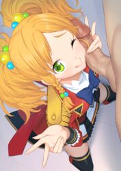 ;d aikatsu_stars! bangs black_legwear blonde_hair blush boots braid censored commentary_request double_v epaulettes female from_above green_eyes hair_bobbles hair_ornament handjob highres kneeling long_hair looking_at_viewer looking_up mosaic_censoring nikaidou_yuzu one_eye_closed open_mouth penis penis_on_face side_braid single_braid skirt smile solo_focus straight suzume_inui thighhighs tied_hair tongue tongue_out twintails uniform v