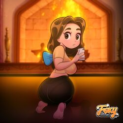 ass beauty_and_the_beast belle belle_(beauty_and_the_beast) disney disney_princess foxnbox gym_clothing gym_pants holding_phone lingerie looking_at_viewer panties see-through_pants yoga_pants