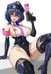 >:) 1girls arm_support bare_shoulders bare_thighs blue_hair blush boots breasts breasts_out covered_navel cyberlive elbow_gloves evil_smile female female_only gloves gun hair_between_eyes hat heart high_heels hourglass_figure indie_virtual_youtuber lainart large_breasts leg_up leotard looking_at_viewer medium_hair necktie nipples open_mouth orange_eyes oumiya_emma shoulders sitting slit_pupils smile solo sweat sweaty thick_thighs thigh_boots thighs virtual_youtuber w weapon white_background wide_hips yellow_eyes